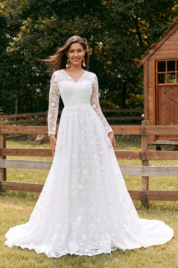 Vestido de novia de cola de encaje con escote en V de marfil con mangas
